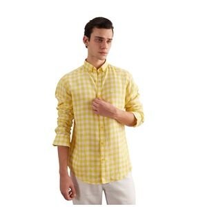 Boden Mens Yellow Picnic Checkered 100% Cotton Button Down Shirt Size Large